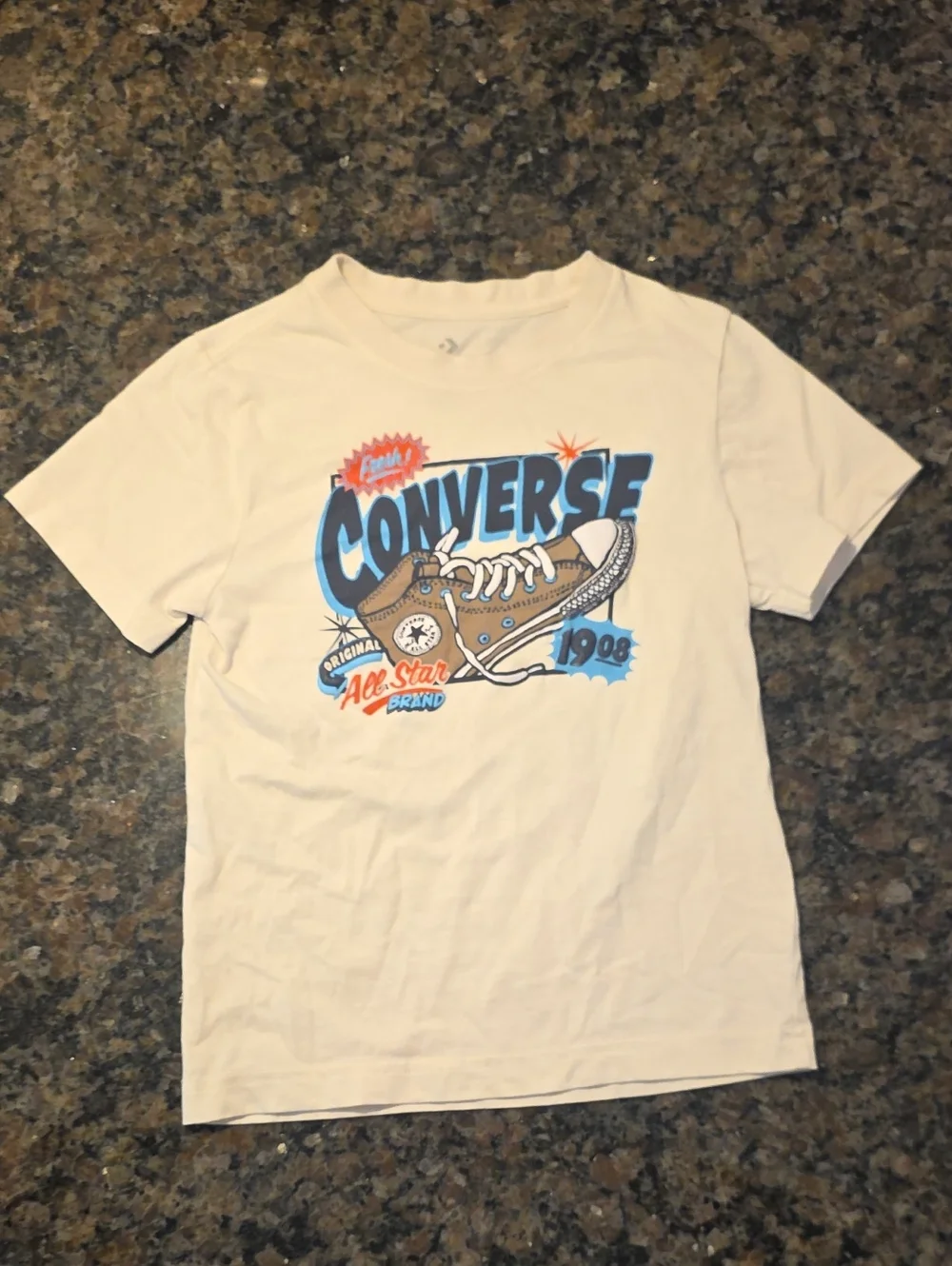 Converse Cream Kids Tee with Brown Sneaker Graphic and Blue Logo